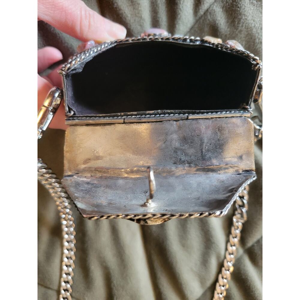 Vintage Sajai Metal Purse with Natural Agate Stones & Chain Strap - Picture 5 of 8